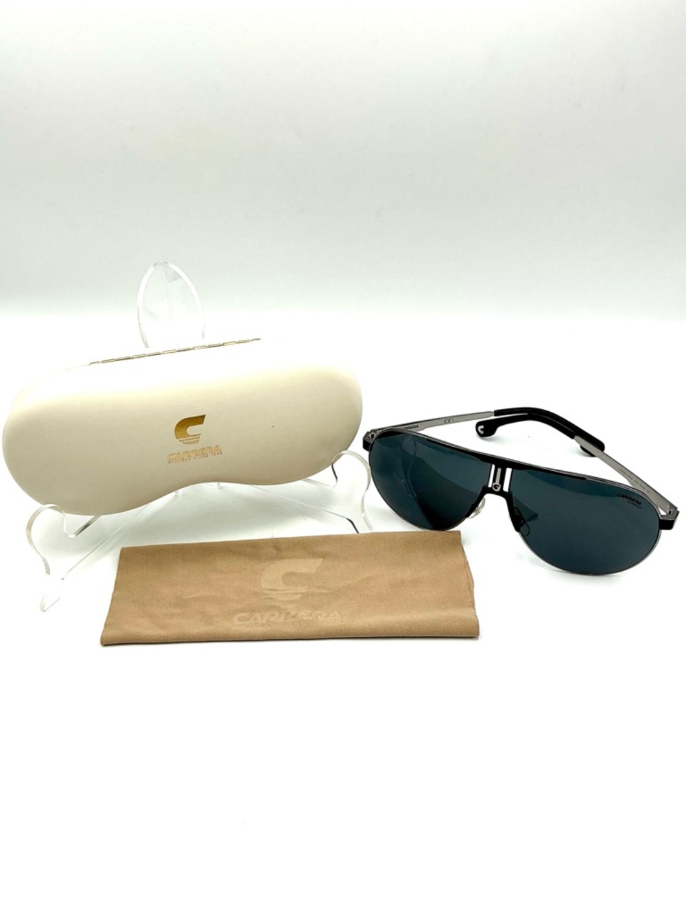 Carrera Round Sunglasses in Silver and Black with Dark Lenses